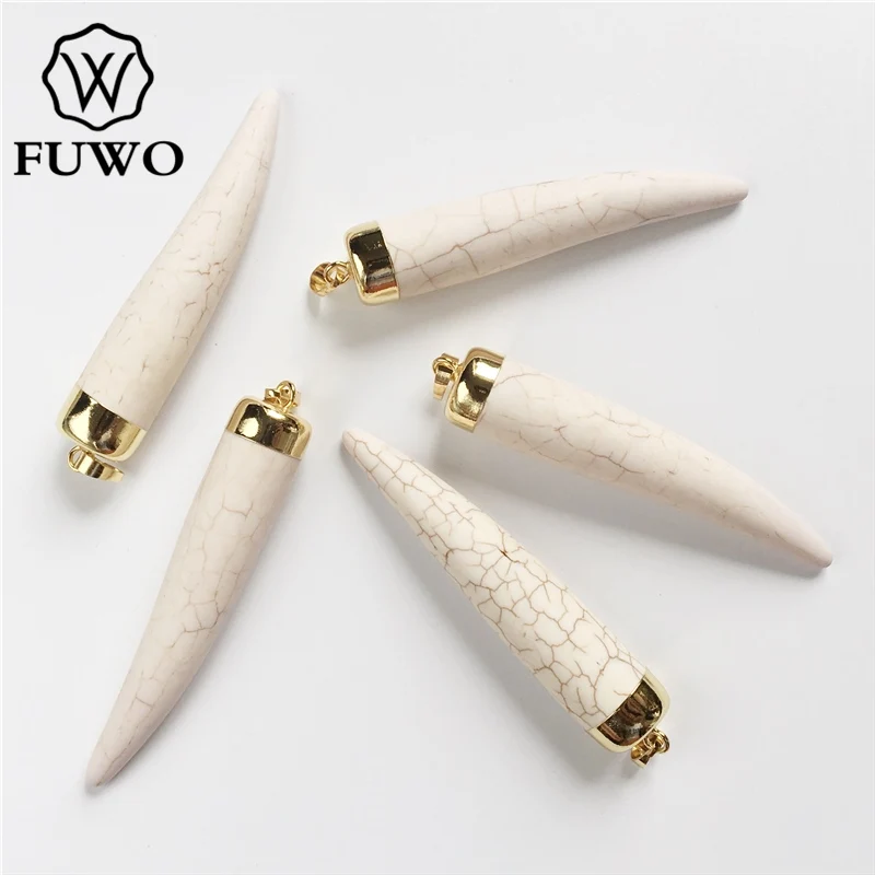 FUWO Wholeasale White Howlite Pendant,Golden Plated Reiki Stone Long Horn Charm Jewelry For Necklace Making 5Pcs/Lot PD291