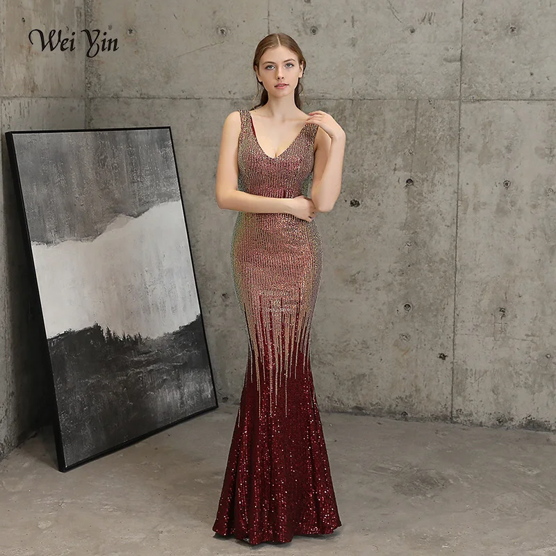 wei yin AE0358 New Double-V Long Evening Dress 2020 Robe De Soiree Sexy Backless Luxury  Sequin Formal Party Dress Prom Gowns