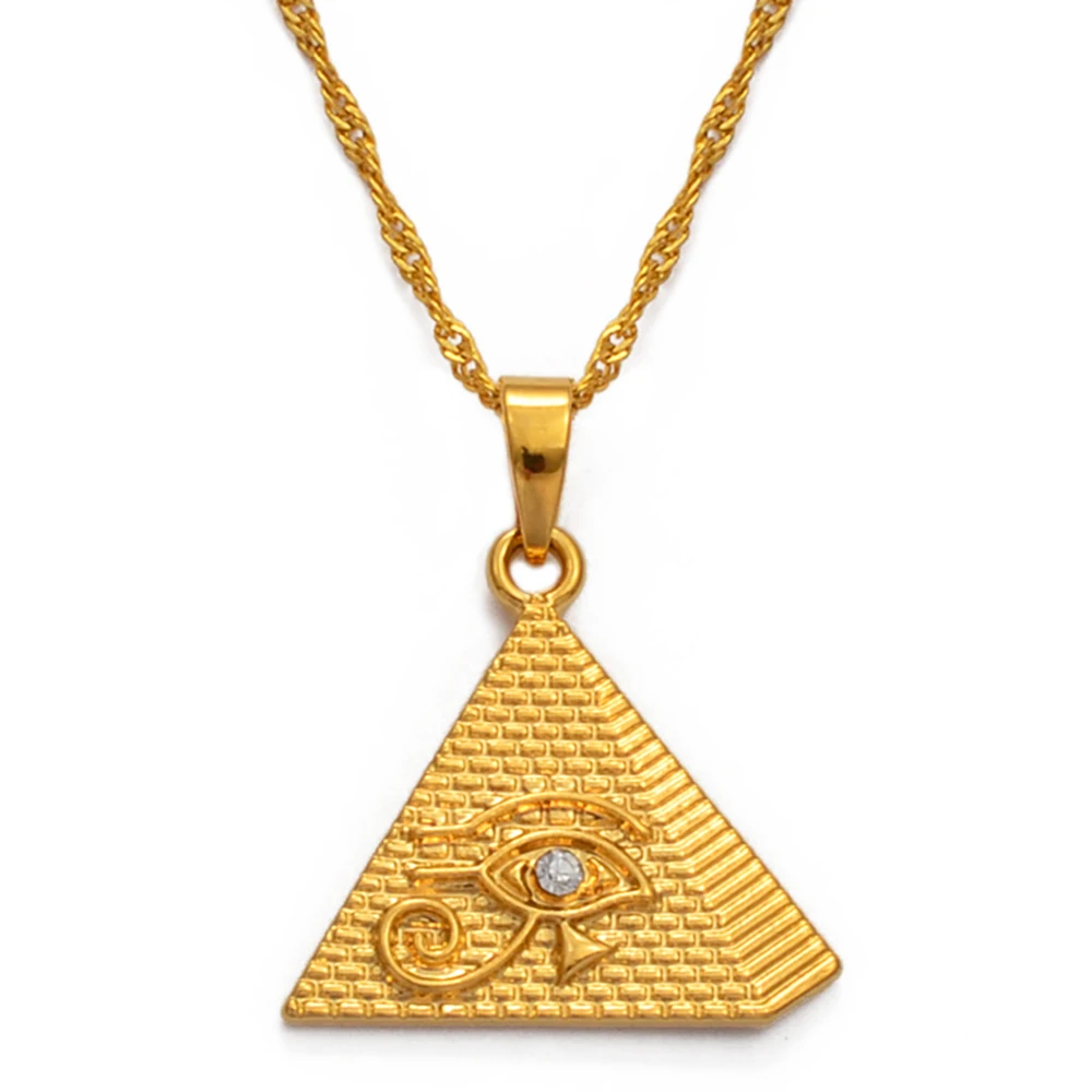 Anniyo Egyptian Pyramids and Eye Pendant Necklace Woman Girls,Gold Color African Jewelry Egypt Hieroglyphs,Crux Ansata #226106