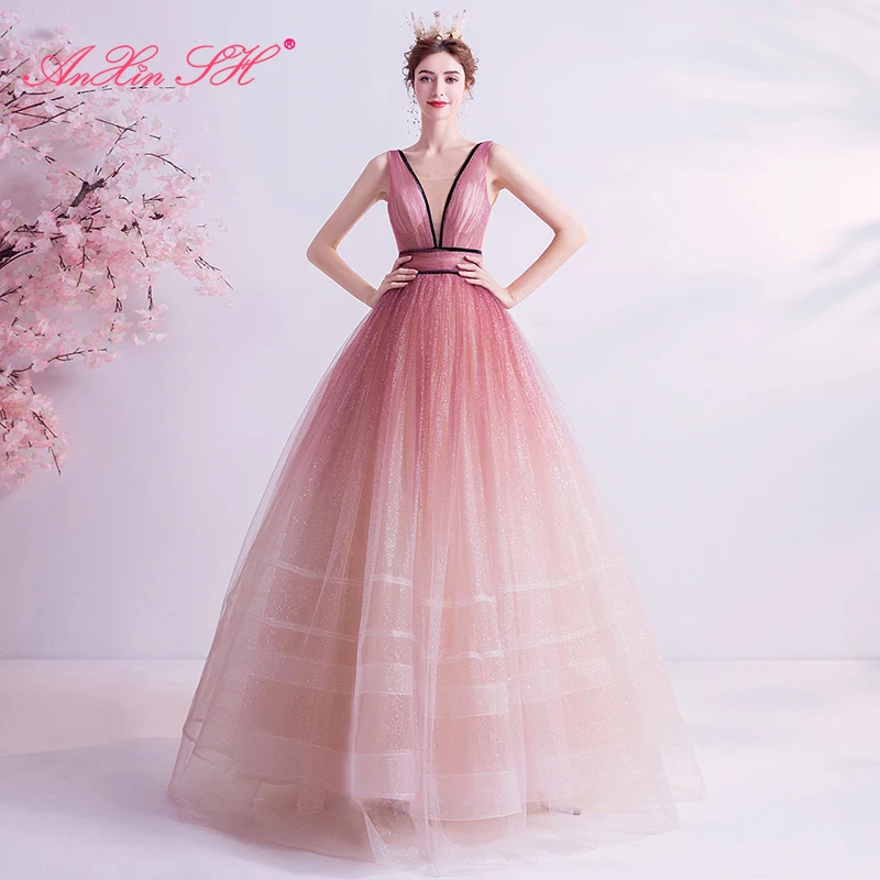 AnXin SH princess Starlit Pink lace v neck sleeveless vintage glaring Toast dinner party bride customized evening Dress 6900