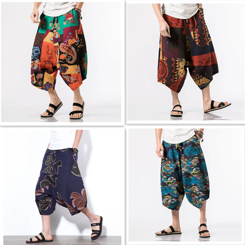 Summer Men Sweatpants Casual Baggy Linen Nepal Harem Hippie Yoga Bloomers Capri Pant Male Jogger Fitness Workout Pant Sportswear