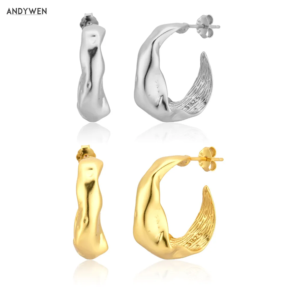 ANDYWEN 925 Sterling Silver European 17mm Circle Hoops Loops Gold Irregular Geometric 2020 Rock Punk Jewelry Fashion Wedding