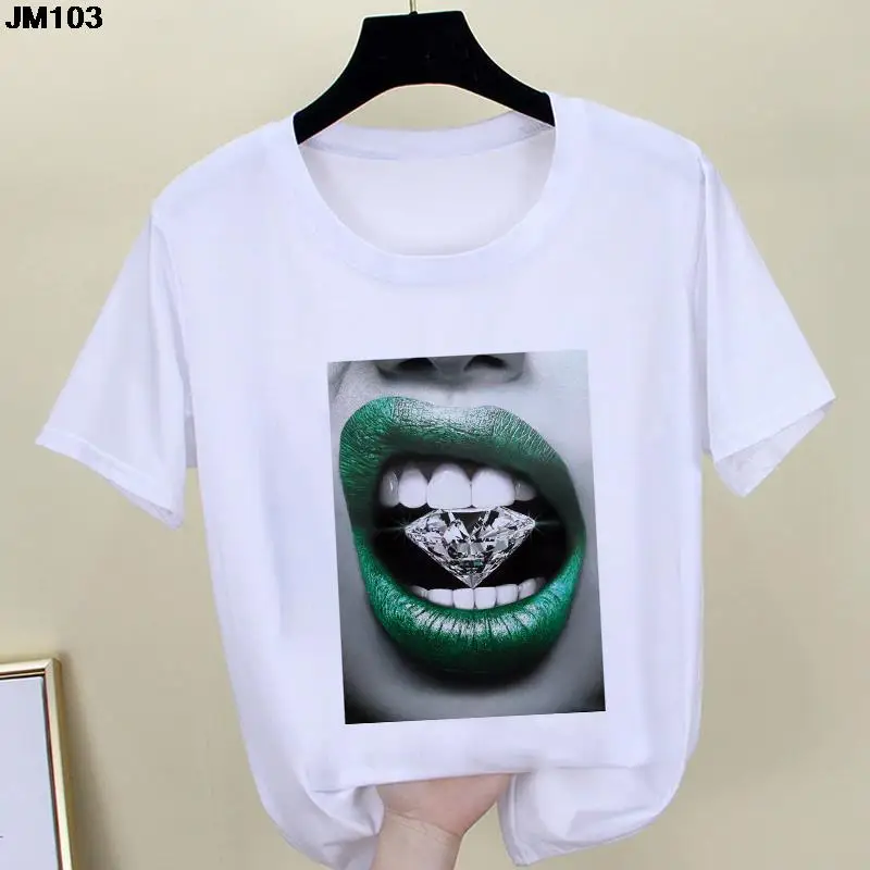 Harajuku Women's Printed Tshirt Casual T Shirt Fashion Graphic T-shirt Woman Clothing Lips Makeup Art Summer Cute Female Top Tee