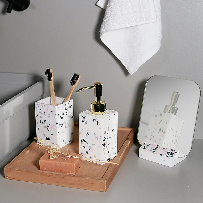 Terrazzo Wash Cup Set Bathroom Sink Lamp Household Creative Mouthwash Cup Four-Piece Set Luxury Bathroom Supplies