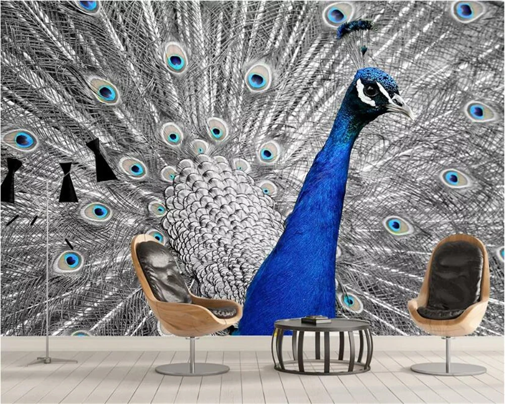 3DBEIBEHANG Modern minimalist beautiful blue peacock open screen photography personality decorative painting background wall