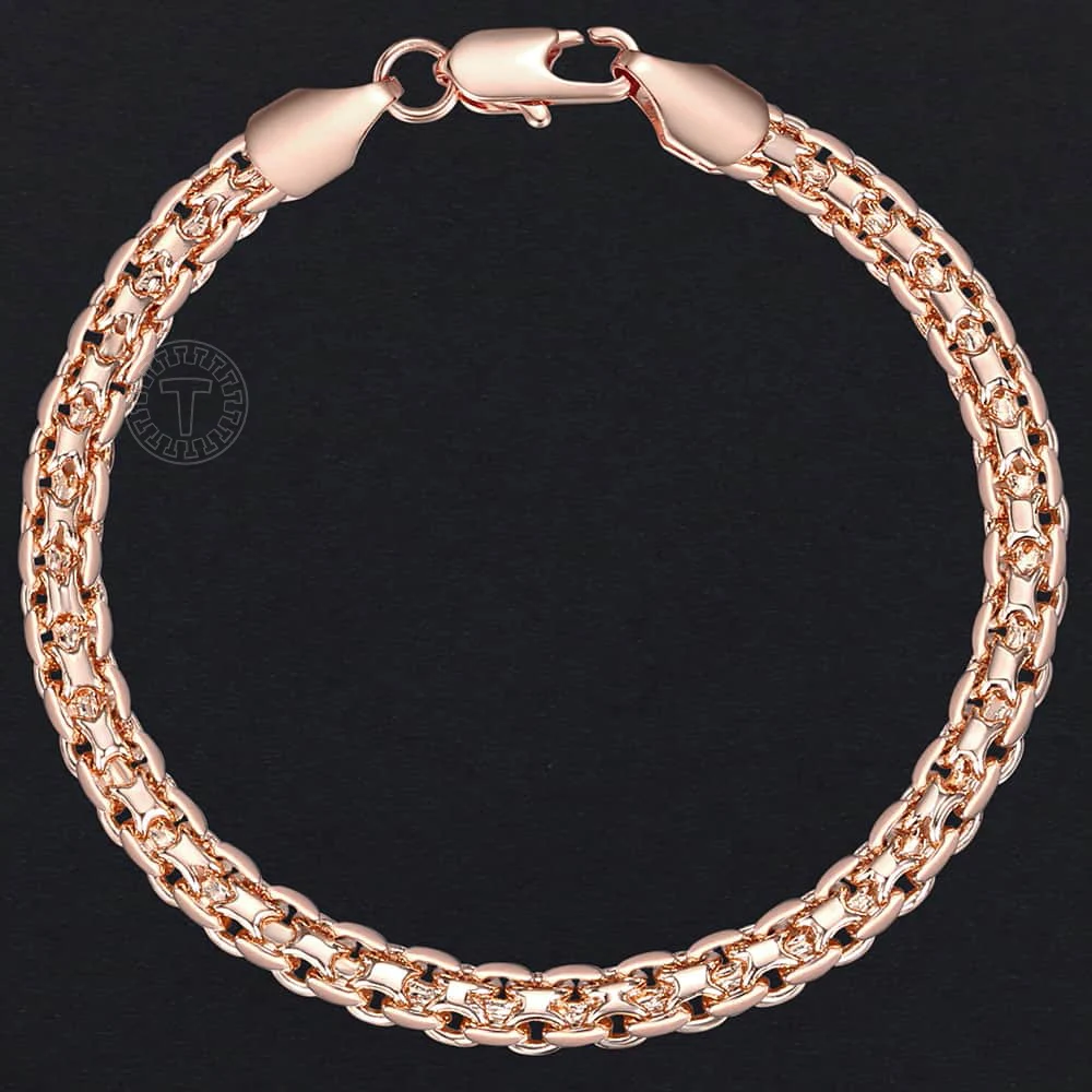 Davieslee Chain Bracelet for Women Weaving Bismark Link Mens Womens Bracelet Chain 585 Rose Gold Color Jewelry Gift 5mm DGBM99