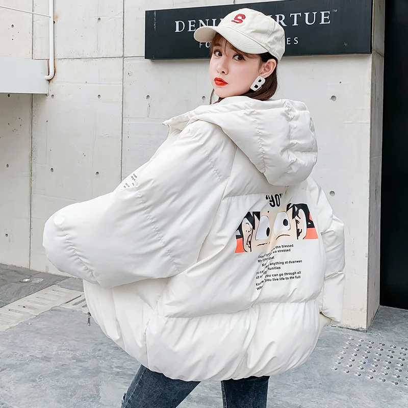 Dames Jassen Winter Jacket Women Hood Warm Short Casual Coat Harajuku Youthful Cartoon Printing Loose Bread Cotton Parka