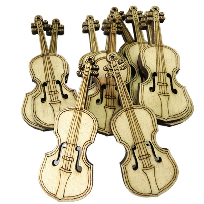 

10PCS Wooden Hollow Violin Shaped Crafts Wood Embellishment Cutout Veneers Slices for Christmas Wedding Party DIY Crafting