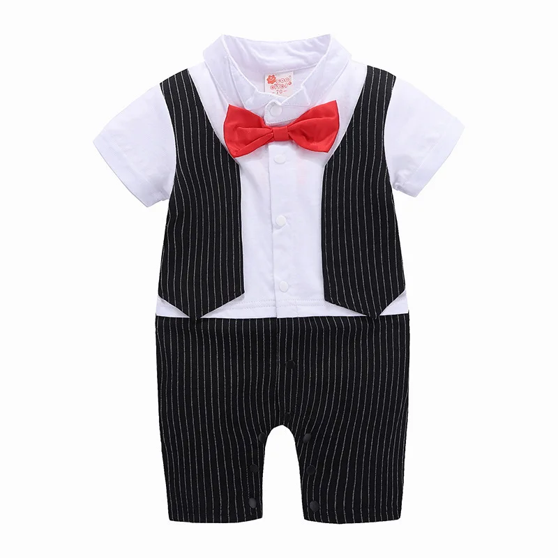 Baby Boys Baptism Romper Infant One Piece Stripe England Christening Jumpsuit Bebe Little Boys Gentleman Birthday Clothing 12M