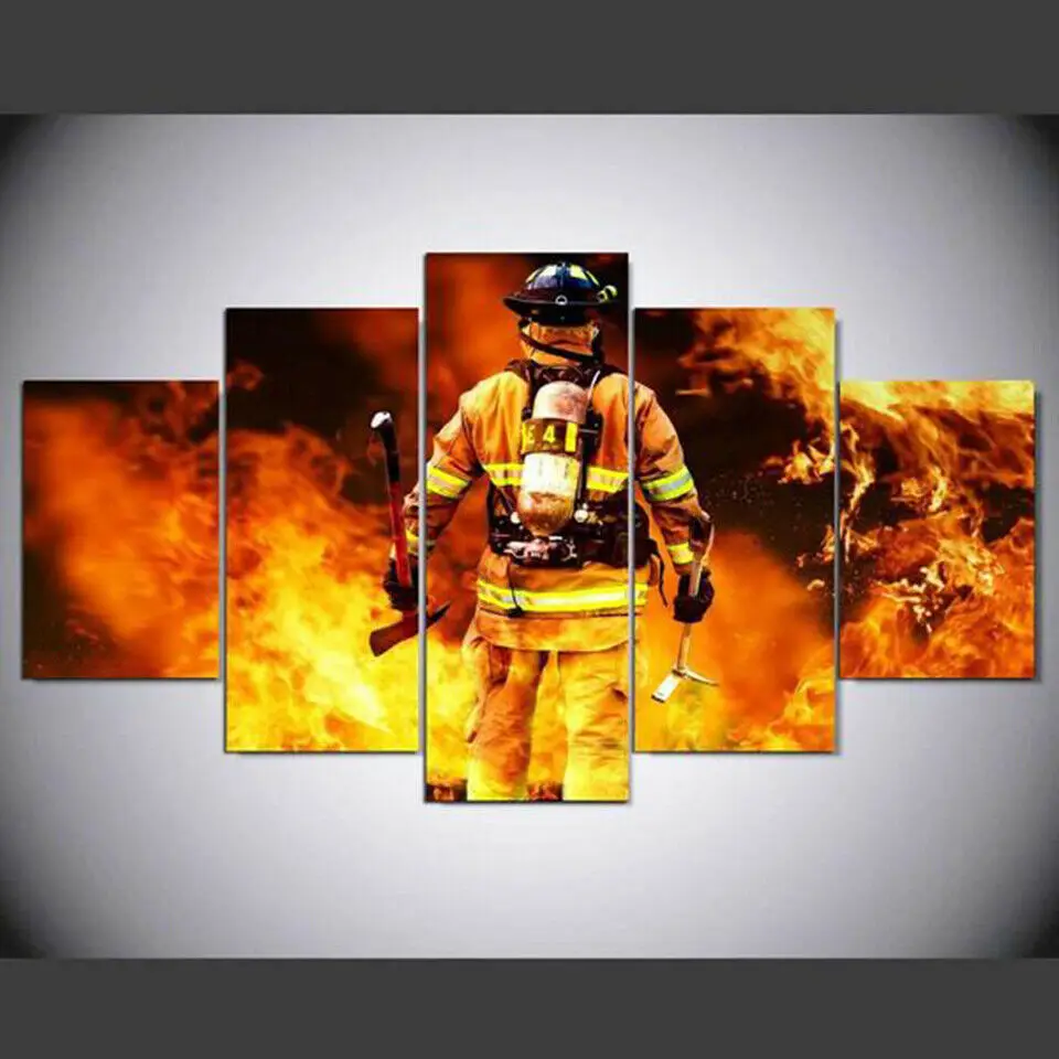 Firefighter Job Passion 5 Panel Canvas Picture Print Wall Art Canvas Painting Wall Decor for Living Room Poster No Framed