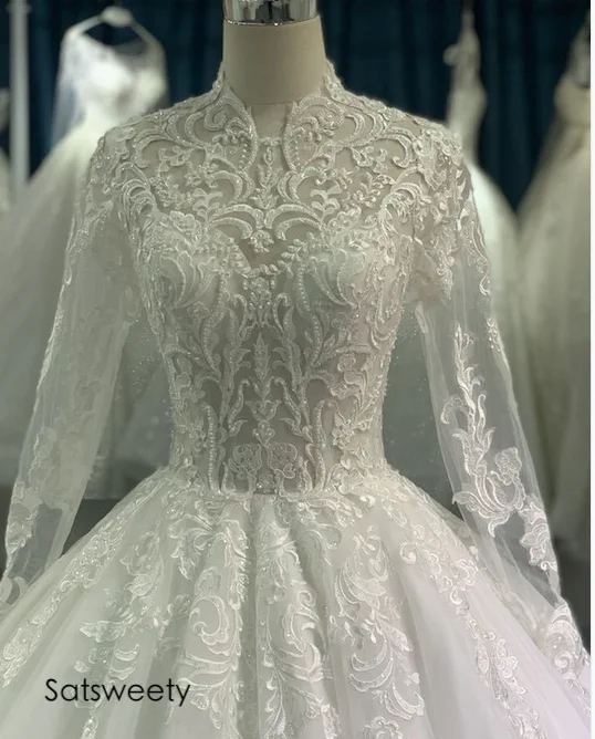 Vestido de novia musulmán con cuentas de lujo, traje de novia de encaje de alta calidad, manga larga, personalizado, 2021