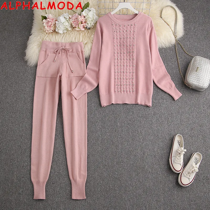 ALPHALMODA-Embedded Diamond Luxury Sweater and Pants Suit for Women, Trendy Winter Outwear, Comfy, New, 2020, 2Pcs