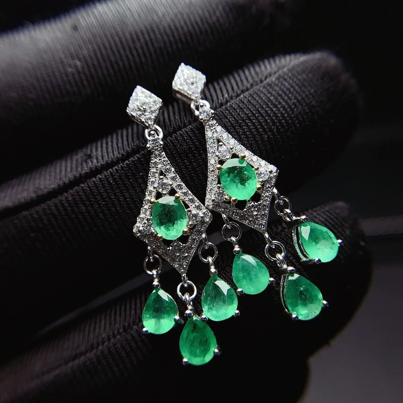 Luxurious Retro Long Line Natural Green Emerald Drop Earrings S925 Silver Natural Gemstone Earrings Women Party Gift Jewelry