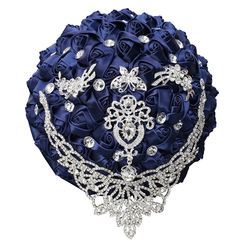 Venda quente noiva e dama de honra segurando buquê azul marinho cetim rosa strass broche buquê de suprimentos de casamento artesanal zq002