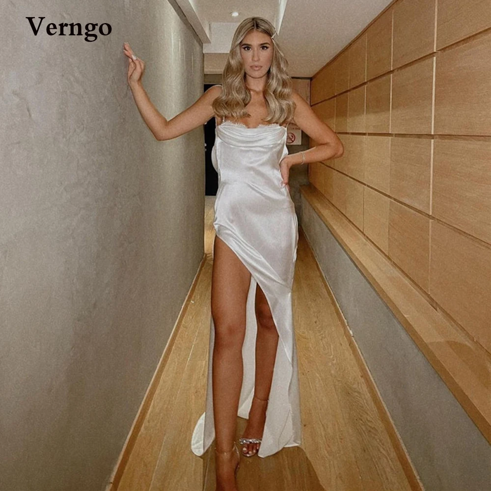 Verngo Sexy White Ivory Silk Satin Evening Party Dress Long Lace Spaghett Straps Backless Prom Dress Women pajamas nightgown