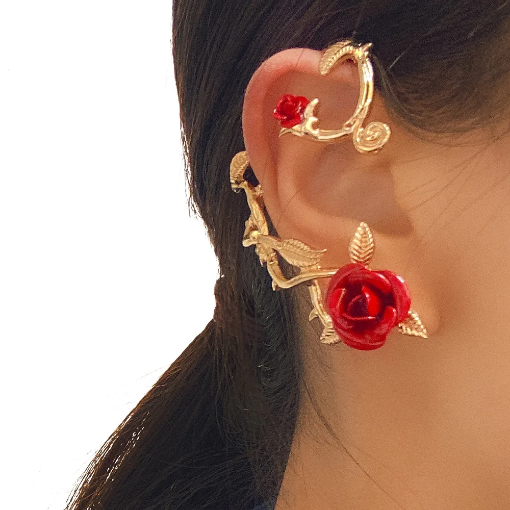 Red Rose Without Pierced Earrings for Women Weekend Party Vintage Flower Earrings Alloy Jewelry Accessories Halloween Earrings