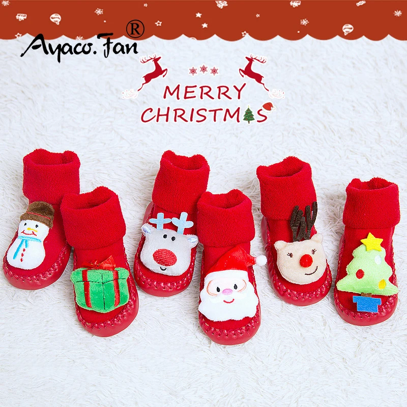 

Toddler Christmas Red Sock Children Baby Terry Cotton Socks Kids Winter Thicker Boy Girl Skidproof Sole Cartoon Doll Infant Sock