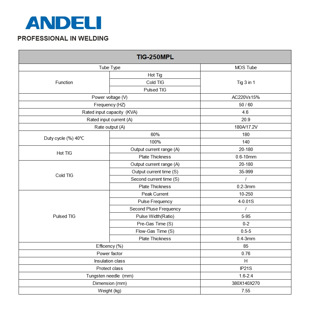 ANDELI TIG-250MPL MOS Tube Multifunctional TIG Welding Machine with Hot/Cold/TIG Pulse Cold Welding Machine