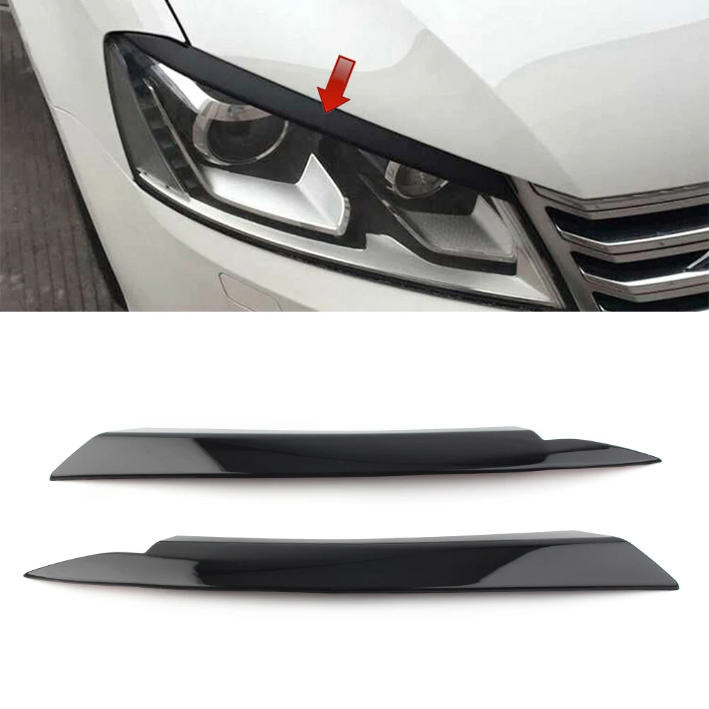 2Pcs Car Headlight Eyelid Head Light Lamp Cover Trim Decor Sticker For VW Passat B7 2010 2011 2012 2013 2014 Glossy Black