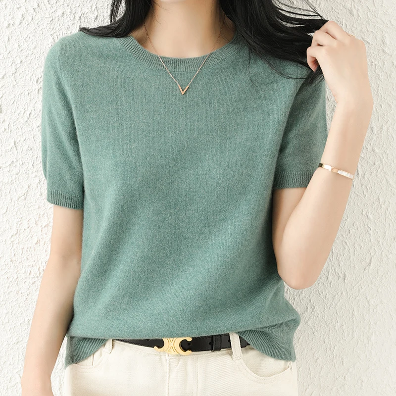 beliarst Spring and summer new short-sleeved women O-neck slim 100% pure wool pullover vest T-shirt knitted base sweater