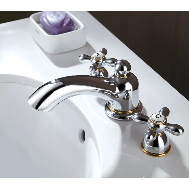 Top quality all brass Gold and Chrome bathroom sink faucet three holes two handles basin mixer faucet Exquisite artistic tap