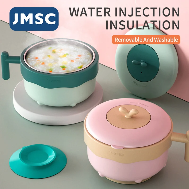 

JMSC Food Warm Injection Hot Water Insulation Kids Dishes Stainless Steel Tableware Baby Sucker Feeding Bowl Plate Cute Gadgets