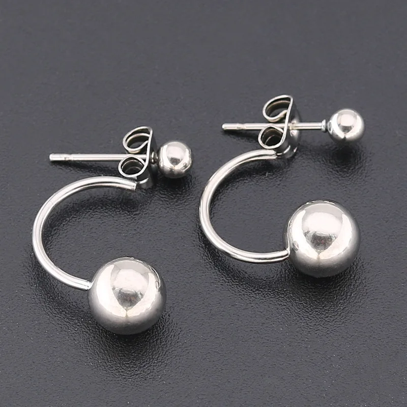 BAECYT Fashion Titanium Steel Double Ball Back-hanging Ear Stud Women\'s Stainless Steel Size round Ball Ear Stud Ear Rings