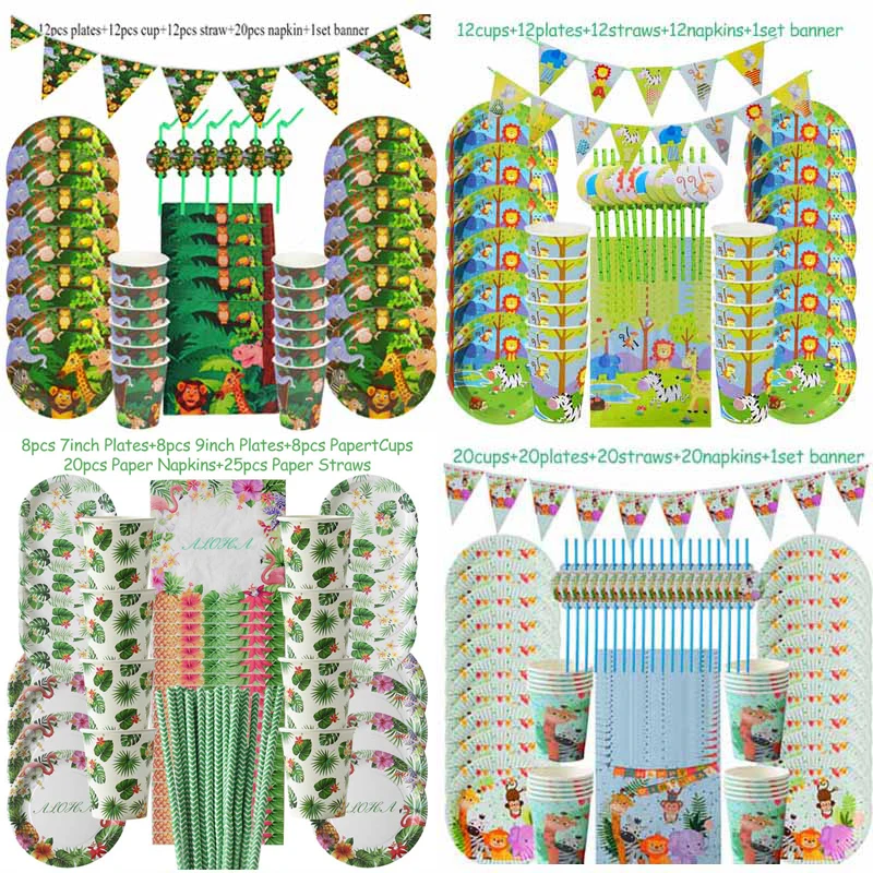 

Animal Jungle Theme Party Decoration Disposable Tableware Set Balloons Boy 1st Birthday Party Decor Safari Wild One Baby Shower