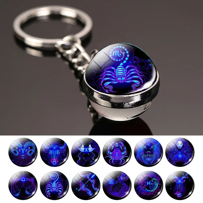 12 Constellation Keychain Fashion Double Side Cabochon Glass Ball Keychain Zodiac Signs Jewelry For Men For Women Birthday Gift