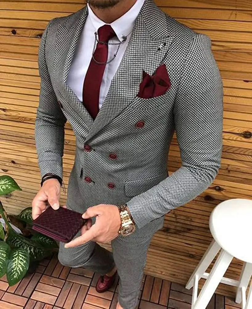 Men's Slim Fit Suit Khaki Formal 2 Pieces Double Breasted Plaid Wool Tweed Prom Tuxedos For Wedding Groomsmen (Blazer+Pants)