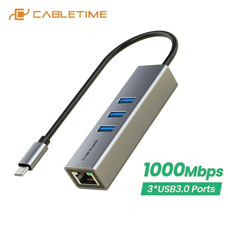 CABLETIME Eethernet USB 3.0 Type C RJ45 1000Mbps Lan Port USB C Hub Docking Station Converter for Laptop LAN Network Card Box