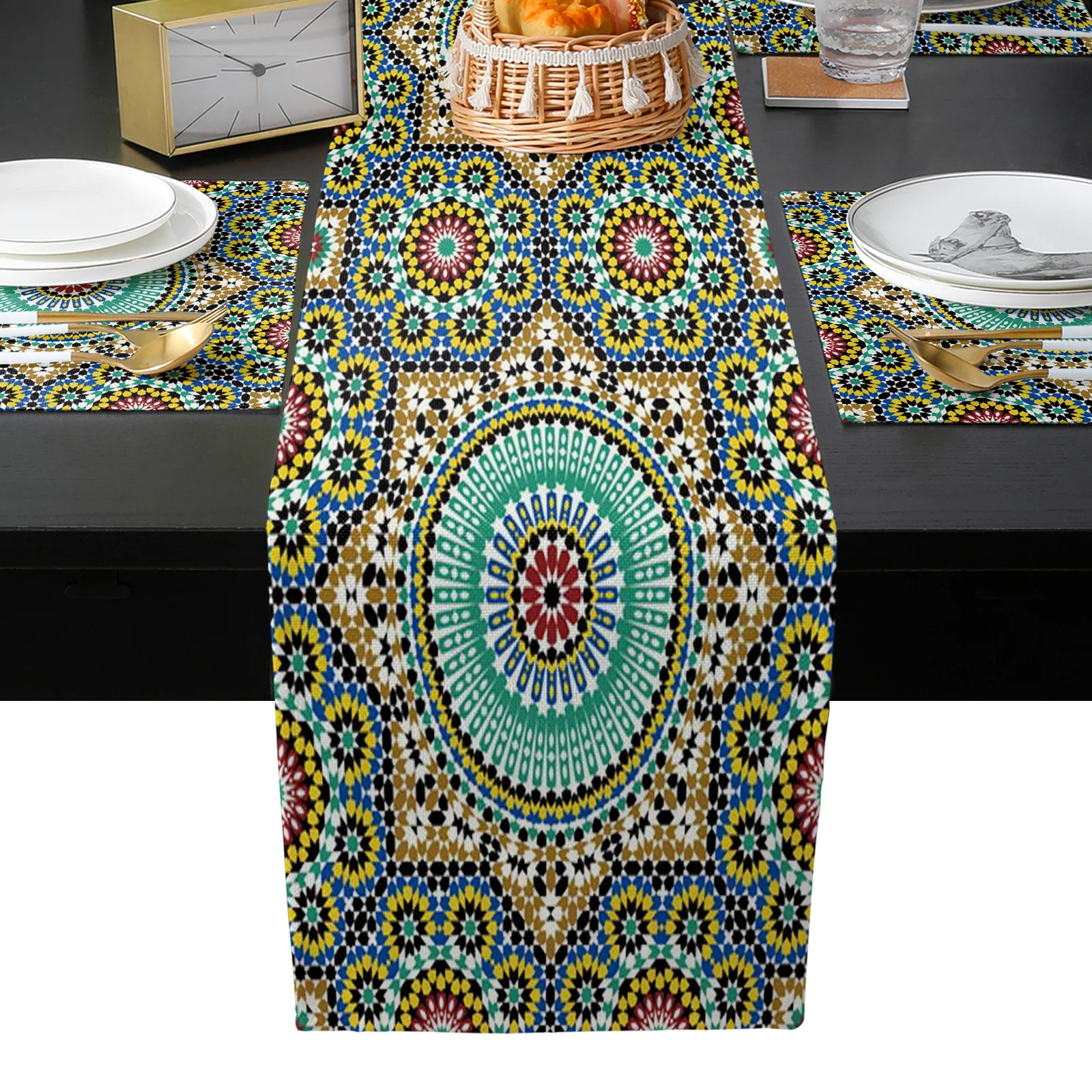 Morocco Colorful Flowers Arabesque Table Runner and Placemats Set Wedding Table Decoration Table Runner for Kitchen Dining