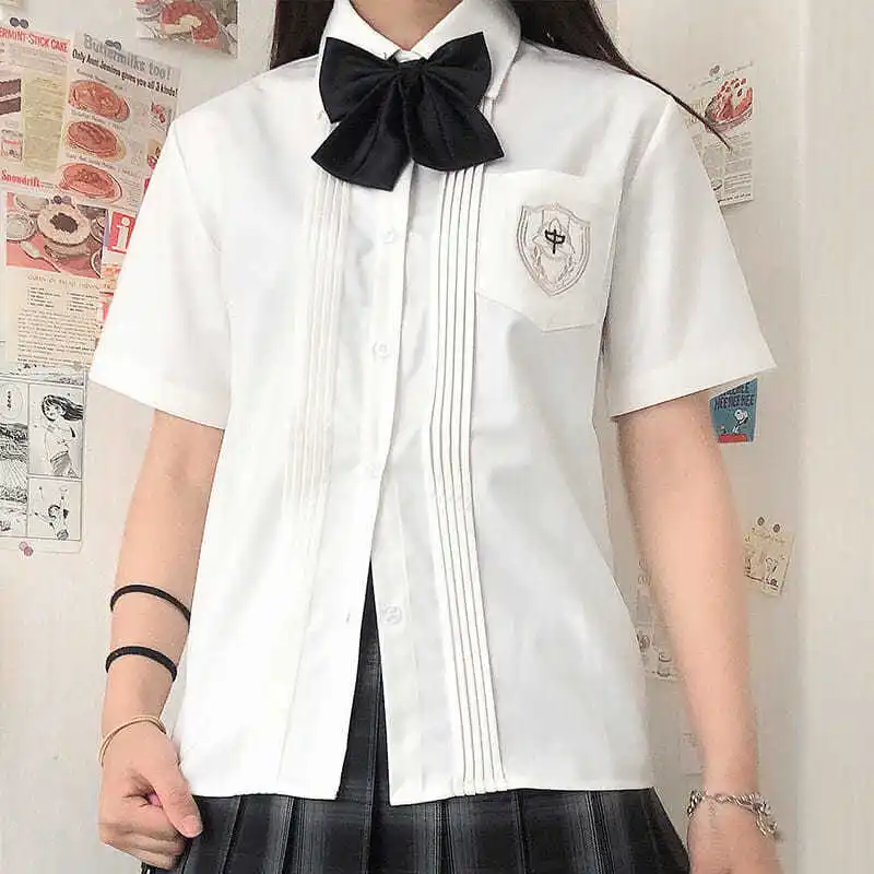 Mulheres verão blusas camisa de manga curta sólido branco bordado topos moda japonês coreano jk estilo feminino camisas lapela