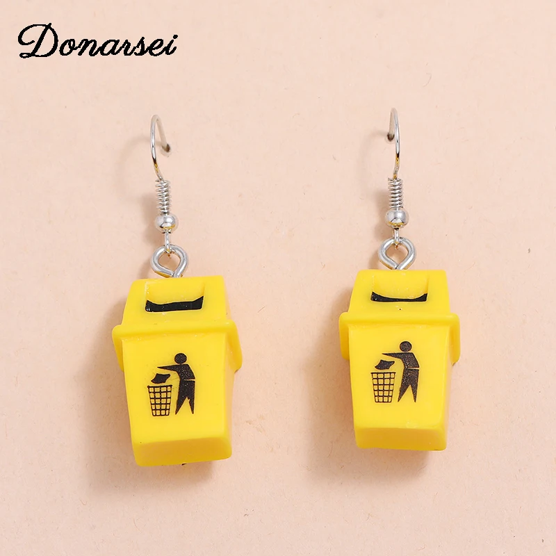 Donarsei Novelty Resin Yellow Trash Bin Earrings For Women Creative Trash Can Drop Dangle Earrings Gift