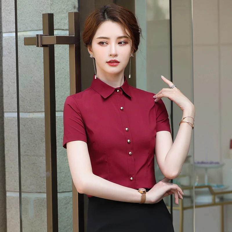 

2021 Summer Elegant Claret Office Ladies Work Wear Blouse Female Tops Clothes OL Formal Uniform Designs Business Shirt for Women