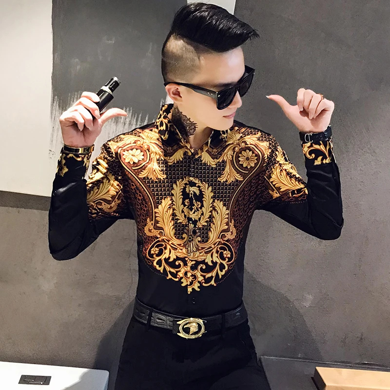 Luxe Paisley Zwart Goud Gedrukt Shirt Mannen Royal Club Kleding Koreaanse Mannen Lange Mouw Slanke Lange Mouw tuxedo Shirt