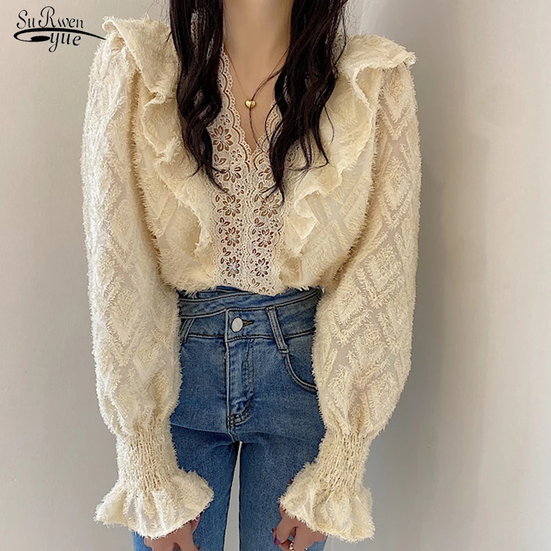 

Korean Hollow Blouse Fashion Ruffle Stitch Sweet Blouse Women Elegant V-neck Lace Tops Autumn Flare Sleeve Shirt Blusas 17709