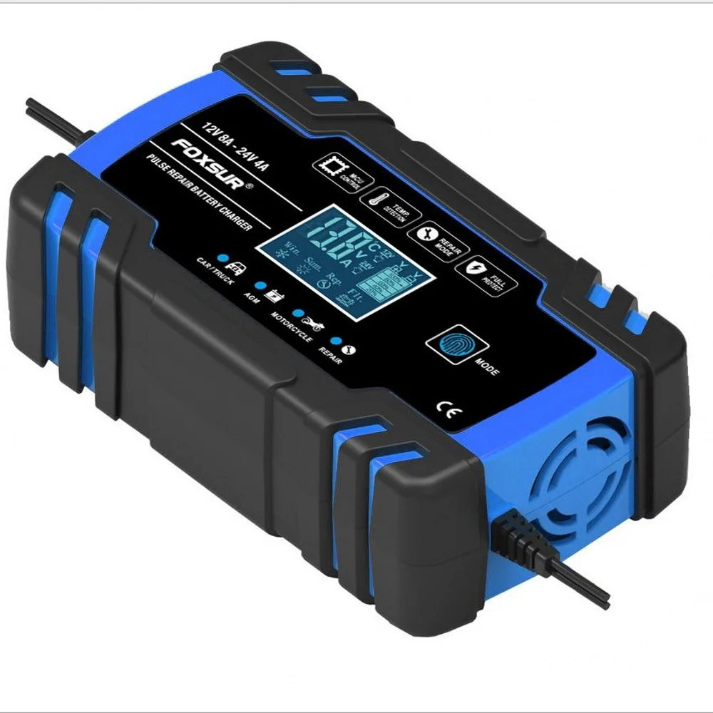 Car Battery Charger, Fast Charging for AGM, GEL, WET, Lead Acid Battery Charger, LCD Display, 12V, 8A, 24V, 4A