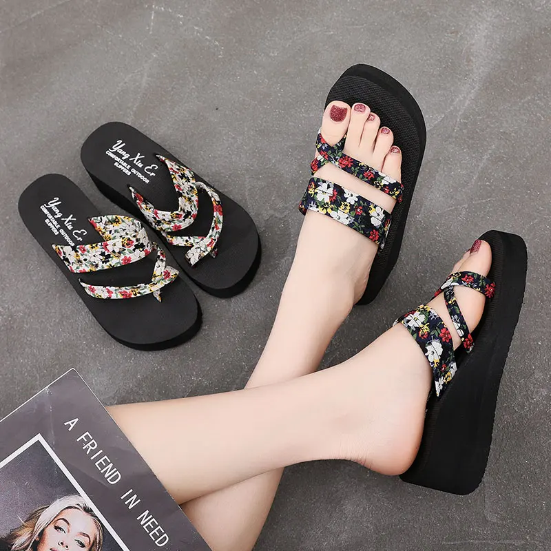 Toe Protecting Slides Woman Shoes Flower Wedges Slippers Womens Shoes 2.1'' Wedges Heel Sandals Beach Slippers Comfortable