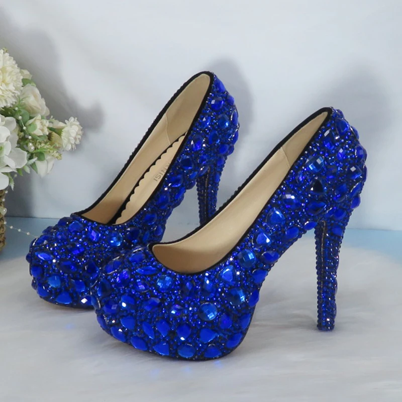 Blue Crystal Bride Wedding Shoes With Bag Set Bridesmaid Party Dress Shoes Women 14cm Super High Heels Rhinestone Pumps Handbag