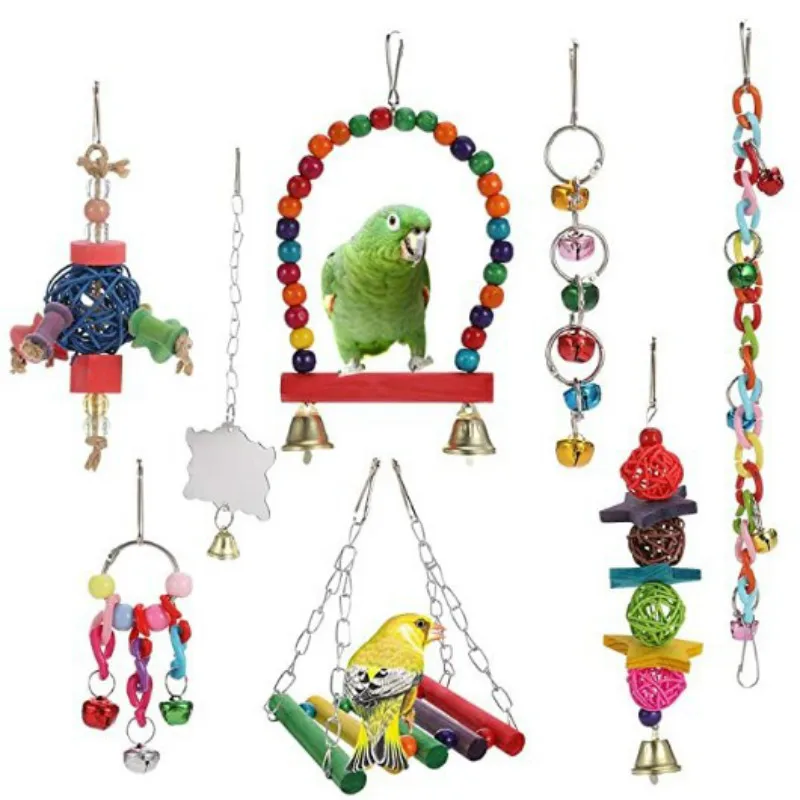 Parrot Bite Toy Pet Bird Toys Mirror Swing Ladder 8-Piece Set