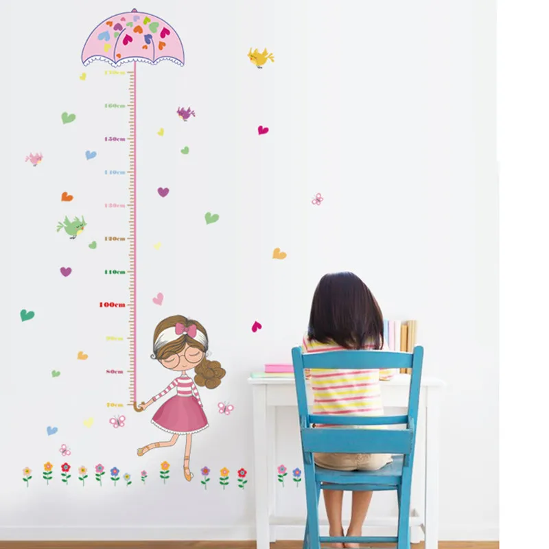 Lovely cartoon measurement height wall stickers umbrella For girls bedroom flower butterfly bird heart decor diy wallpaper decal