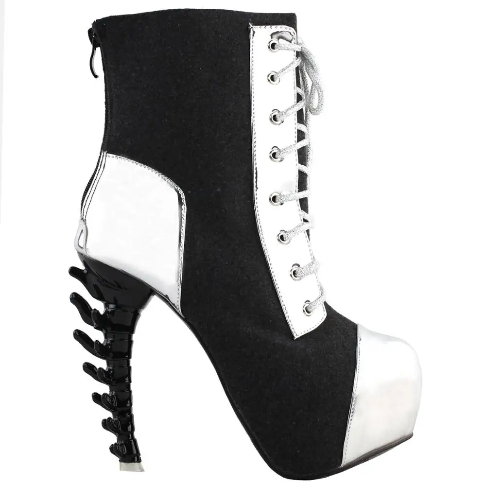 Cool Dark Grey Silver Two Tone Lace-Up High-top Bone Heels Platform Ankle Boots