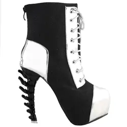 Cool Dark Grey Silver Two Tone Lace-Up High-top Bone Heels Platform Ankle Boots