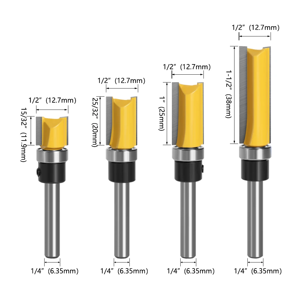 3pcs 1/4\'\' Flush Trim Router Bit Pattern Bit Top & Bottom Bearing 1/2\