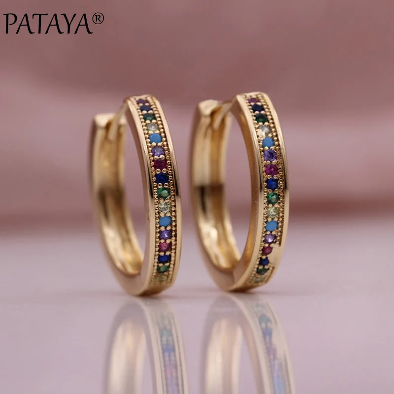 PATAYA New Colorful Natural Zircon Earrings 585 Rose Gold Color Round Circle Earrings Women Simple Wedding Fashion Jewelry