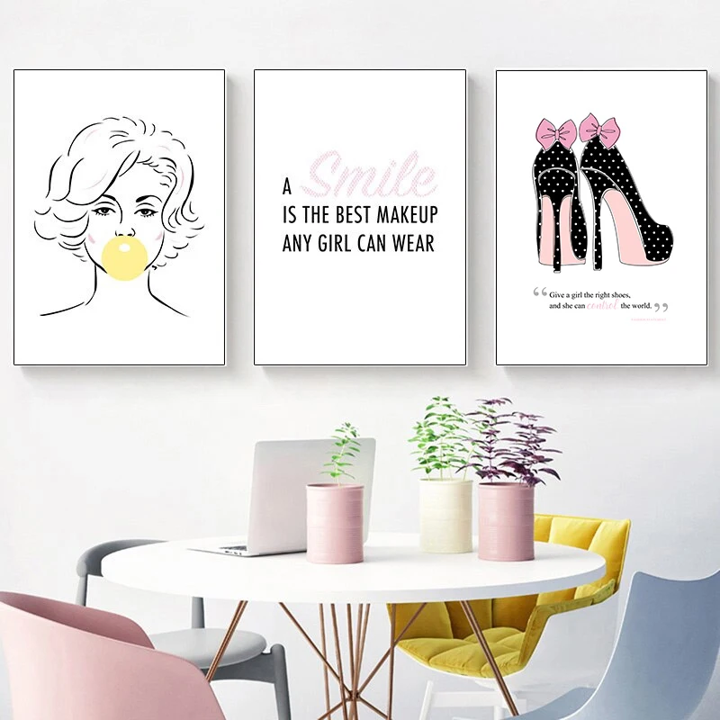 Canvas Art Painting Wall Picture Pink Lipstick Woman High Heels Fashion Poster Inspirational Print Modern Girls Room Home Decor