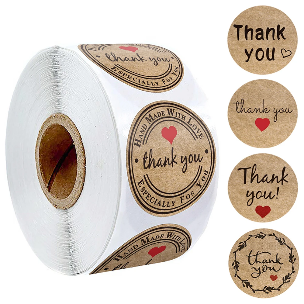 100-500pcs Kraft Paper Thank You Stickers With Red Heart Handmade Labels Sticker for Business Envelope Sealing Stationery