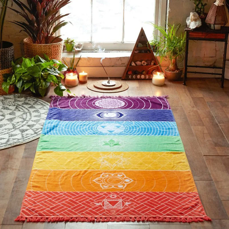 Square Rainbow Beach Towel Popular Seven Color Chakra Mandala Meditation Yoga Tassel Beach Towel Picnic Blanket Mat