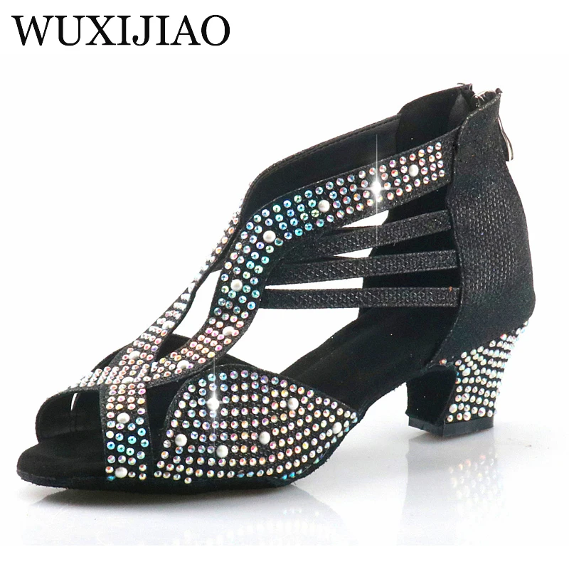 WUXIJIAO-zapatos de baile latino para mujer, calzado de tacón alto de 5CM-10CM, con suela suave y diamantes de imitación, para Tango, Salsa, Rumba y